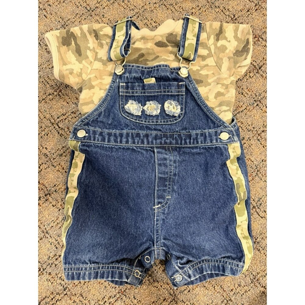 Vintage GREENDOG Blue Denim Overall Shorts With Camo T Shirt Size 18 Mo - Picture 4 of 14